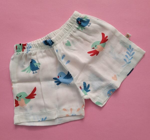 bird print organic muslin cotton shorts